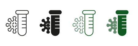 Medical Examination. Flu Disease, Coronavirus Laboratory Analysis. Blood Test Tube and Virus Bacteria Line and Silhouette Icon Set. Covid Pcr Test Symbol Collection. Isolated Vector illustrationのイラスト素材