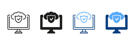 Safety Cloud Computing Pictogram. Private Data Protection Concept. Cloud Protection Line and Silhouette Icon Set. Computer and Shield Symbol Collection. Isolated Vector Illustrationのイラスト素材