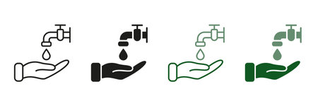 Water Drop, Faucet, Tap, Hands Symbol Collection. Precautions Against Viruses and Bacteria. Wash Your Hands Line and Silhouette Icon Set. Medical Prevention Pictogram. Isolated Vector illustrationのイラスト素材