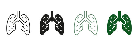 Pneumonia, Asthma, Viral Disease. Pneumonia Lungs Sign. Inflammatory Condition of Lungs Symbol Collection. Human Internal Organ Line and Silhouette Icon Set. Isolated Vector illustrationのイラスト素材