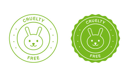 Not Tested On Animal Stamps Set. Cruelty-Free Green Label. Natural Cosmetic Makeup Beauty Product Stickers. Rabbit Symbol For Animal Rights. Cruelty Free Sign. Isolated Vector Illustrationのイラスト素材