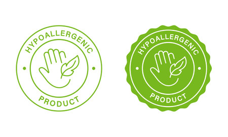 Safe Hypoallergenic Product Stamps Set. Green Label For Hypoallergenic Safe Cosmetics. Allergen Free Stickers. Hand And Feather Icon. Approved Hypoallergenic Material. Isolated Vector Illustrationのイラスト素材
