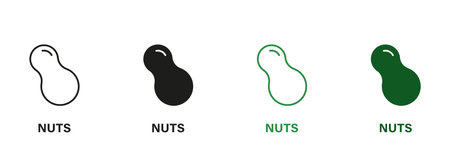 Peanut Line and Silhouette Icon Set. Nuts Green and Black Pictograms. Allergen Ingredient Contains Peanut Symbol Collection on White Background. Isolated Vector Illustrationのイラスト素材