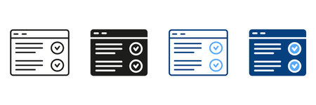 Education and Elearning Symbol. Web Browser Silhouette and Line Icon Set. Online Exams, Taking Tests, Questionnaires or Checklists. Online Form Survey Color Icon. Isolated Vector Illustrationのイラスト素材
