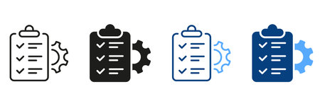 Gear, Clipboard, Pencil Project Setting Checklist Symbol Collection. Control Document Black and Color Sign. Check List and Cog Wheel Management Plan and Line Icon Set. Isolated Vector Illustrationのイラスト素材