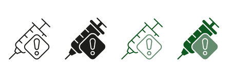 Vaccination Syringe with Alert Sign. Precautions About Drug, Dope, Narcotic Syringe Symbol Collection. Vaccine Warning Line and Silhouette Icon Set. Isolated Vector illustrationのイラスト素材