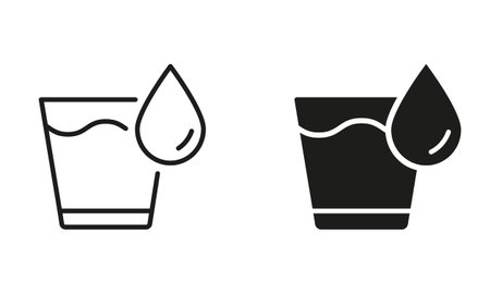 Glass of Water Silhouette and Line Icon Set. Drinking Glass Pictogram. Glassful of Clean Water Black Sign Collection. Isolated Vector illustrationのイラスト素材