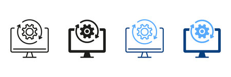 Upgrade Progress Symbol Collection. Computer System Update Pictogram. Upgrade of Software Line and Silhouette Icon Set. Download Process Sign. Vector Isolated Illustrationのイラスト素材