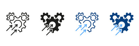 Operational Production Growth Symbol Collection. Optimize Business Sign. Gear with Increase Arrow Pictogram. Productivity Industry Process Line and Silhouette Icon Set. Isolated Vector Illustrationのイラスト素材