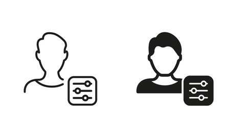 Account Settings Line and Silhouette Icon Set. Profile User Settings Black Pictogram. Control Panel with Man Profile Symbol Collection. Isolated Vector Illustrationのイラスト素材