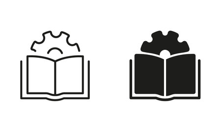 User Manual Document Line and Silhouette Icon Set. Technical Guide Book Pictogram. Customer Guide, Technical Documentation. Open Book and Gear Symbol Collection. Isolated Vector Illustrationのイラスト素材