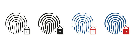 Touch ID Pictogram. Finger Print Scanner with Lock Symbol Collection. Fingerprint Identification Line and Silhouette Icon Set. Biometric Identity Sign. Isolated Vector Illustrationのイラスト素材