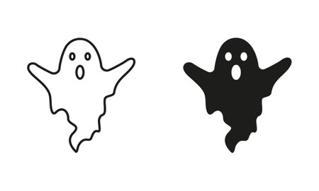 Halloween Ghost Line and Silhouette Black Icon Set. Spooky and Scary Monster for Halloween Pictogram. Cute Funny Dark Ghost Under Sheet for Halloween Symbol Collection. Isolated Vector Illustrationのイラスト素材