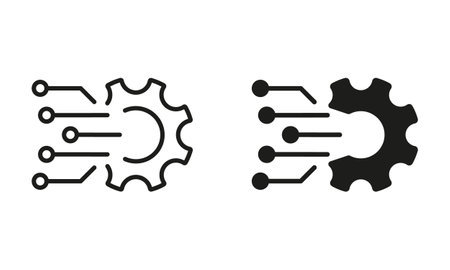 Gear Sign of Business Solution Pictogram. Digital Cogwheel Electronic Technology Network Line and Silhouette Icon Set. Digital Tech Concept Black Symbol Collection. Isolated Vector Illustrationのイラスト素材