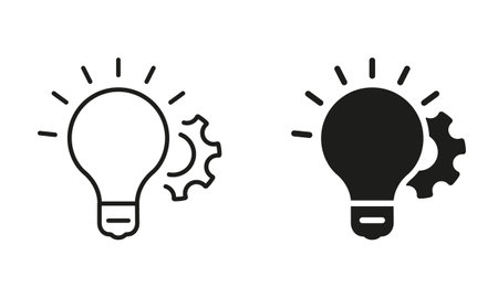 Technology Innovation Light Bulb, Cog Wheel Pictogram. Power of Creativity Solution Line and Silhouette Icon Set. Lightbulb and Gear Idea Concept Black Symbol Collection. Isolated Vector Illustrationのイラスト素材