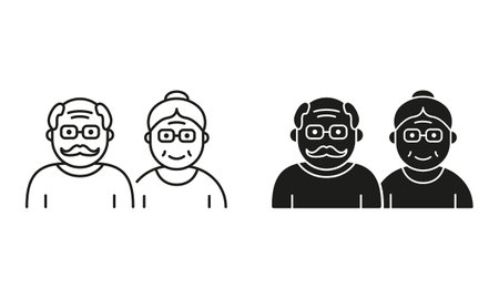 Couple of Old Senior Person Silhouette and Line Icon Black Set. Happy Elder Grandparents Pictogram. Old Grandfather and Grandmother Symbol Collection on White Background. Isolated Vector Illustrationのイラスト素材