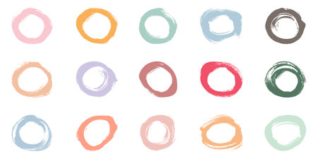 Round Shape Stroke Ink Frame, Grunge Paint Set. Abstract Black Circular Design. Dirty Circle Brush Symbol Collection. Stamp Graphic Element. Isolated Vector Illustrationのイラスト素材