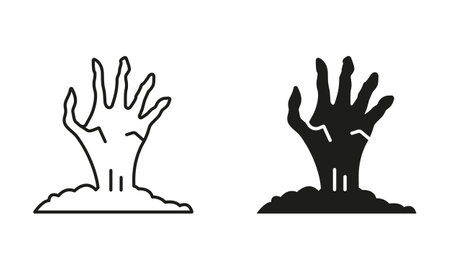 Dead Man Hand Sticking Out Ground Line and Silhouette Black Icon Set. Zombies Hand Halloween Decorations Pictogram. Scary Monsters Bony Arm Symbol Collection. Isolated Vector Illustrationのイラスト素材