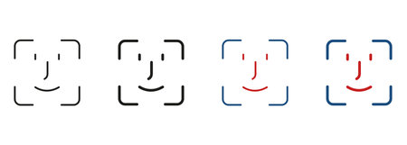 Face ID Line and Silhouette Icon Set. Facial Recognition Pictogram. Biometric Identification Scan Technology Symbol Collection. Verification on Smartphone Sign. Isolated Vector Illustrationのイラスト素材