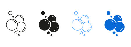 Soap, Foam, Fizzy Drink Black and Blue Pictogram. Water Bubbles Line and Silhouette Icon Set. Effervescent Champagne, Clear Soda, Aquarium Sphere Drops Symbol Collection. Isolated Vector Illustrationのイラスト素材