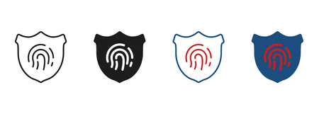 Biometric Identification Symbol Collection. Privacy Protection Pictogram. Fingerprint with Shield Line and Silhouette Icon Set. Password Access by Identity Finger Print. Isolated Vector Illustrationのイラスト素材