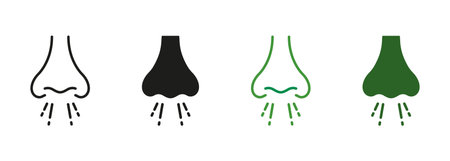 Cold, Flu, Virus Symbol Collection. Allergy Infection, Allergic Respiratory Sickness Sign. Rhinitis Symptom Pictogram. Runny Nose Blowing Line and Silhouette Icon Set. Isolated Vector Illustrationのイラスト素材