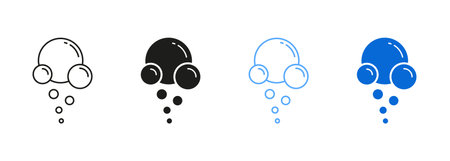 Soap, Clear Soda Symbol Collection. Fizzy Drink, Water Bubble Black and Blue Pictogram. Effervescent Champagne. Sphere Foam, Aquarium Drops Line and Silhouette Icon Set. Isolated Vector Illustrationのイラスト素材