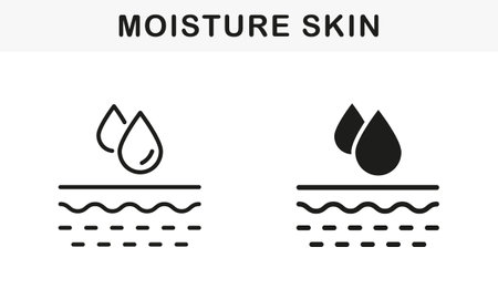Skin Moisture Concept Line and Silhouette Black Icon Set. Moisturizing Face and Body Skin Pictogram. Skin Layer Absorb Water Drop, Anti Dry Skincare Symbol Collection. Isolated Vector Illustrationのイラスト素材