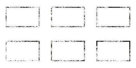 Rough Frame Set. Paint Spray Texture Collection. Grunge Rectangle Border. Black Graffiti Edge Form, Dirty Edge with Splash Effect. Blank Retro Frame. Abstract Design. Isolated Vector Illustrationのイラスト素材