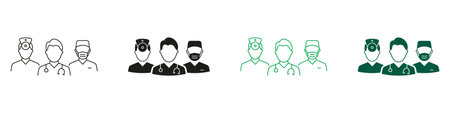 Doctors and Nurse Team Line and Silhouette Icons. Healthcare Professional Hospital Staff Symbol Collection. Medical Specialists Group Black and Color Pictogram Set. Isolated Vector Illustrationのイラスト素材
