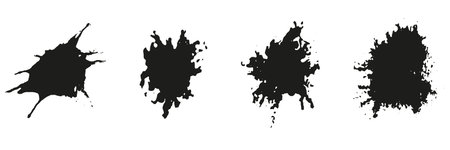 Stain Texture, Paint Brush Spatter Collection. Ink Splatter Set. Splash Abstract Design Element, Grunge Splat. Dirty Black Blot, Messy Inkblot, Liquid Blob. Isolated Vector Illustrationのイラスト素材