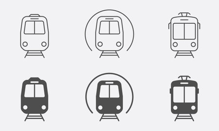 Train, Tram, Metro Station Line and Silhouette Icon Set. Railway Public Transportation Pictogram. Subway, Electric Tramway Symbol Collection. Road Traffic Sign. Isolated Vector Illustrationのイラスト素材