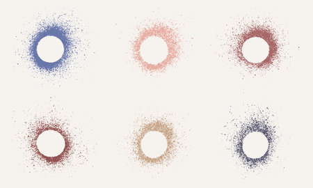 Frame Set in Circle Shape, Color Ink Splatter. Spray Stencil Collection. Dirty Border, Paint Brush Texture. Blank Round Stain. Abstract Design Element. Isolated Vector Illustrationのイラスト素材