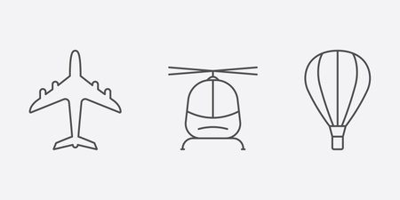 Air Transport Line Icon Set. Plane, Helicopter, Hot Air Balloon Linear Pictogram Collection. Jet Cargo Shipping Outline Sign. Flight Cruise Symbol. Editable Stroke. Isolated Vector Illustrationのイラスト素材