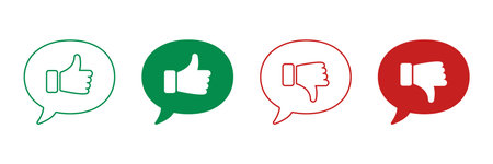 Thumb Up, Thumb Down Line and Silhouette Icon Set. Good and Bad Gestures in Speech Bubble Symbols....