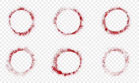 Red Ink Graffiti Round Border Collection. Circle Frame Set. Blank Grunge Stamp Stencil with Spray Texture. Paint Blood Splatter. Abstract Stain on Transparent Background. Isolated Vector Illustrationのイラスト素材