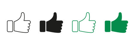 Thumb Up Line and Silhouette Icons. Good Choice, Like, Ok Pictogram Set. Approve, Confirm, Vote Gesture Sign. Finger Up Black and Green Button for Social Media. Isolated Vector Illustrationのイラスト素材