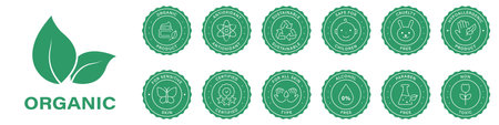Natural Organic Safe Product Stamp Set. Product for Sensitive Skin Sticker Collection. Sustainable Eco-Friendly Green Label, No Allergen Seal. Cruelty-Free Cosmetic. Isolated Vector Illustrationのイラスト素材