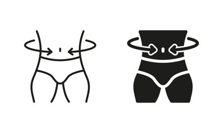 Man Loss Weight Pictogram. Shape Waistline Control. Male Body Slimming Symbol Collection. Slimming Waist Line and Silhouette Black Icon Set. Isolated Vector Illustrationのイラスト素材