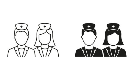 Medic Professional Assistants Line and Silhouette Black Icon Set. Male and Female Physicians Specialist Pictogram Collection. Doctors Man and Woman Symbol Set. Isolated Vector Illustrationのイラスト素材