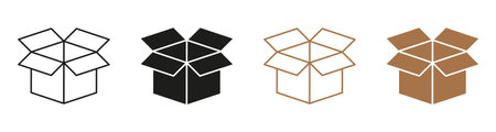Open Box Line and Silhouette Icon Set. Carton Parcel Symbol Collection. Cardboard Package Black and Color Pictogram. Cargo Pack, Post Delivery Service Sign. Isolated Vector Illustrationのイラスト素材