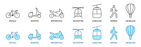 Travel Vehicle Linear Pictogram Collection. Bike, Scooter, Cable Car, Helicopter, Motorcycle, Moped, Hot Air Balloon Line Icon Set. Traffic Sign. Transportation Symbol. Isolated Vector Illustrationのイラスト素材