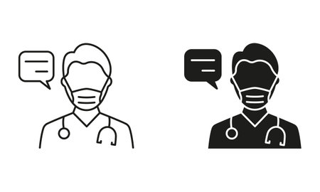 Healthcare Chat, Medic Conversation Symbol Collection. Physician Talking Pictogram. Doctor in Mask with Speech Bubble Consultation Concept Line and Silhouette Icon Set. Isolated Vector Illustrationのイラスト素材