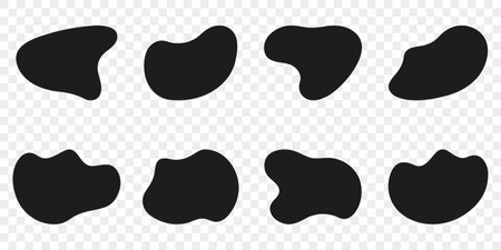 Irregular Shape On Transparent Background. Fluid Amorphous Blobs. Organic Blob, Random Black Blotch Set. Liquid Round Silhouette Form. Asymmetric Bubbles Collection. Isolated Vector Illustrationのイラスト素材