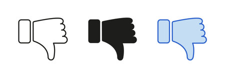 Dislike, Bad Gesture, Unlike Pictogram Collection. Thumb Down Silhouette and Line Icons Set. Finger Down Black and Color Symbol. Negative Vote in Social Network Sign. Isolated Vector Illustrationのイラスト素材