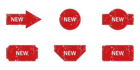 New Product Tag Set. Price Offer Grunge Badge. Sale Offer Label. Promotion Symbol Collection. Special Discount Red Stickers in Different Shapes. Advertising Rubber Stamp. Isolated Vector Illustrationのイラスト素材