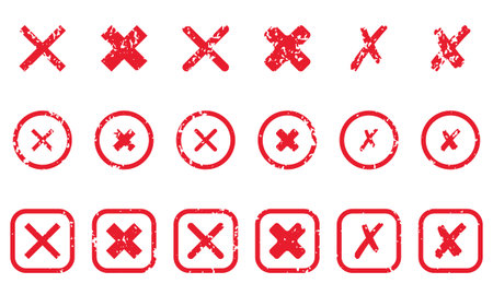 Cross Shape Silhouette Icon Set. Red Grunge Mark In Box And Circle Pictogram. Delete, Cancel, Reject, Ban Sign. Wrong Rubber Stamp. X Symbol Collection. Isolated Vector Illustrationのイラスト素材