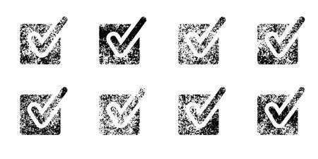 Check Mark Icon Set. Right Choice Rubber Stamp, Correct Symbol Collection. Ok Ink Sign. Grunge Checkmark In Checkbox Pictogram. Vote, Accept, Confirm Tick. Isolated Vector Illustrationのイラスト素材
