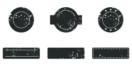 Black Rubber Stamp Set. Grunge Label In Different Shapes. Retro Sale Tag, Aged Vintage Banner. Retro Badge Symbol Collection, Ink Texture. Isolated Vector Illustrationのイラスト素材