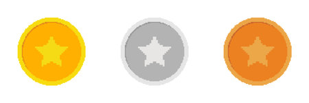Pixel Art Silver, Gold and Bronze Coin Icon with Star Set. Retro Gaming Vector Currency. Isolated Vector Illustrationのイラスト素材